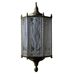 Art Deco Etched Glass Figural Nude Pendant Light