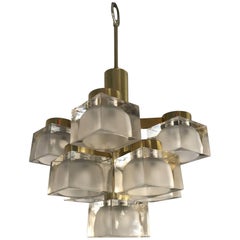 Sciolari Petite Glass Cube and Brass Chandelier for Lightolier