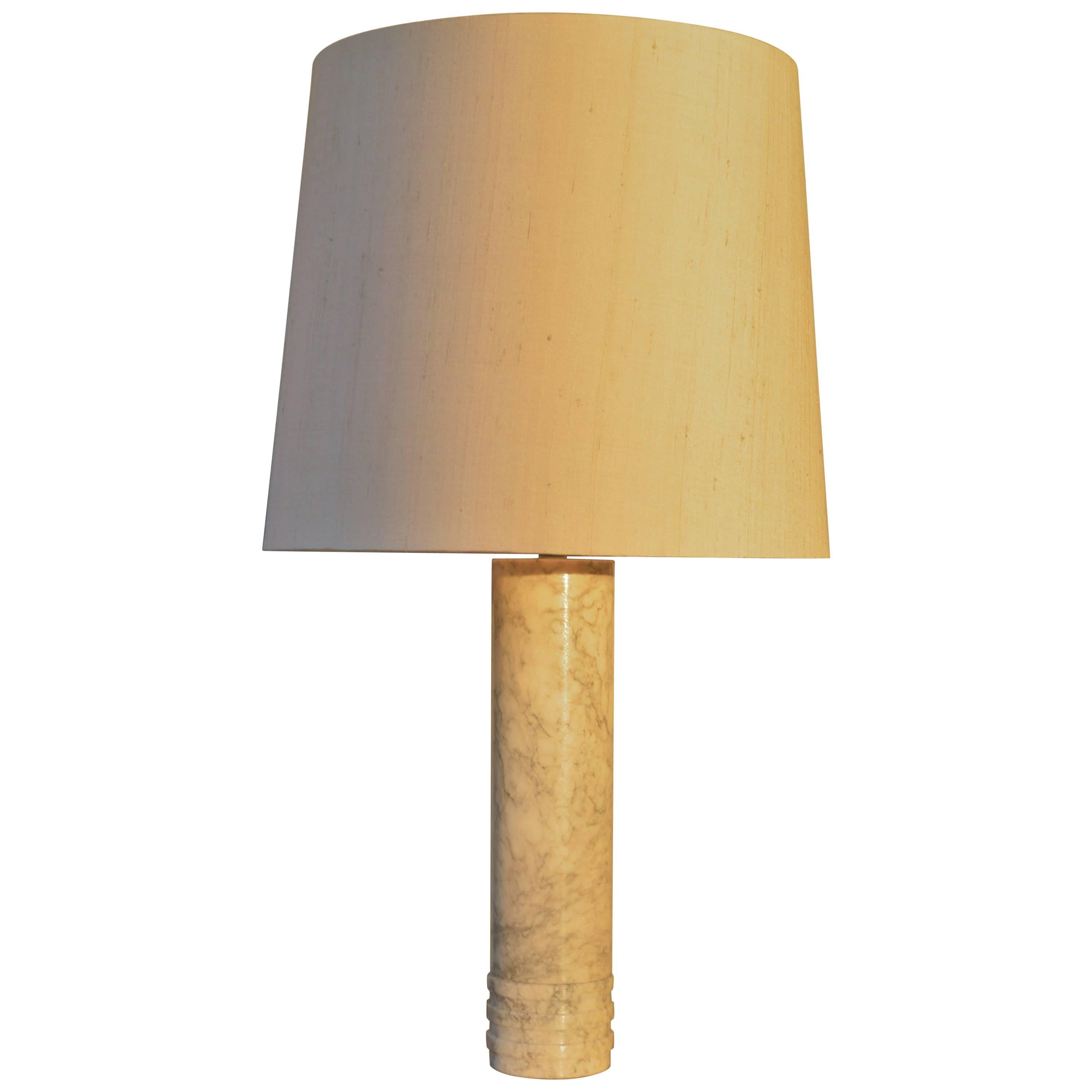Italian Marble Cylinder Lamp with Silk Barrel Shade, Imported by Holm Sorensen For Sale