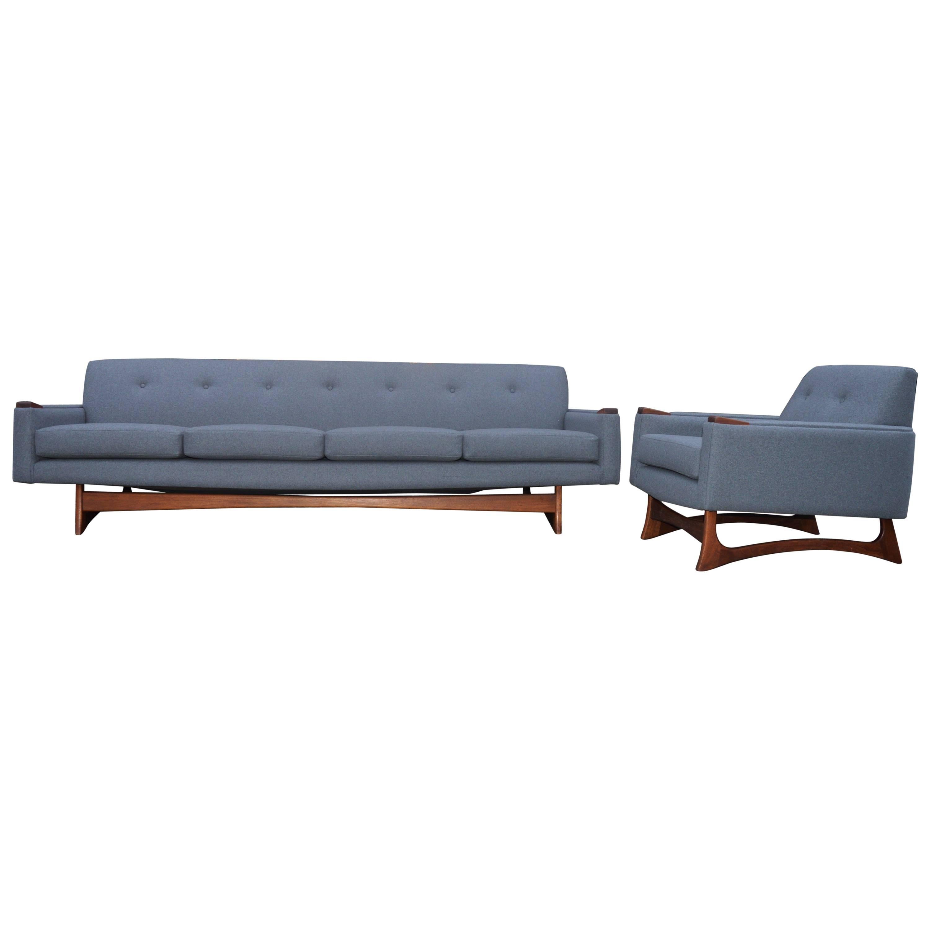 Adrian Pearsall Attributed Grey Wool Sofa & Lounge Chair-Walnut Base & Armrests