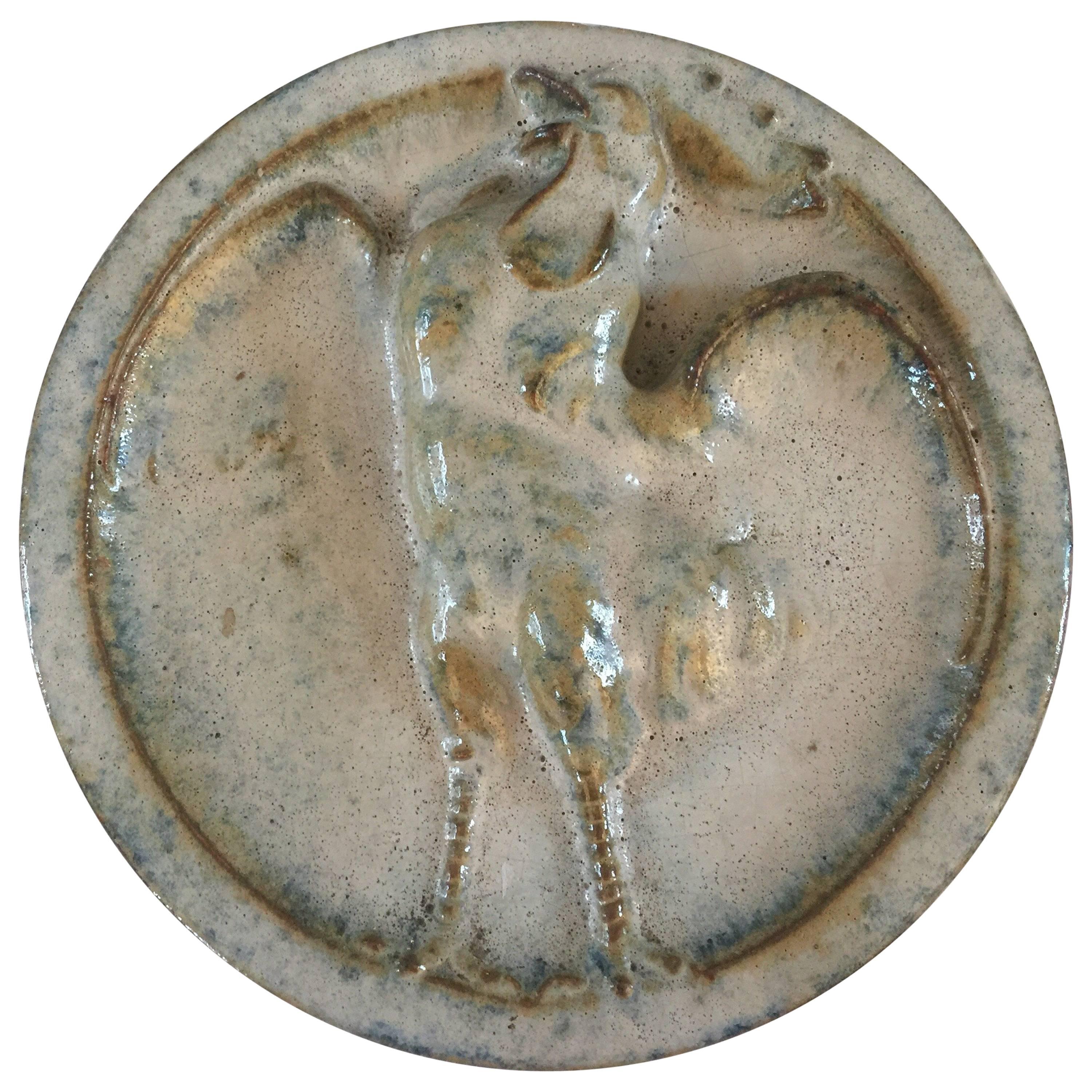Alexandre Bigot, Art Nouveau Sandstone Medallion with Rooster Design