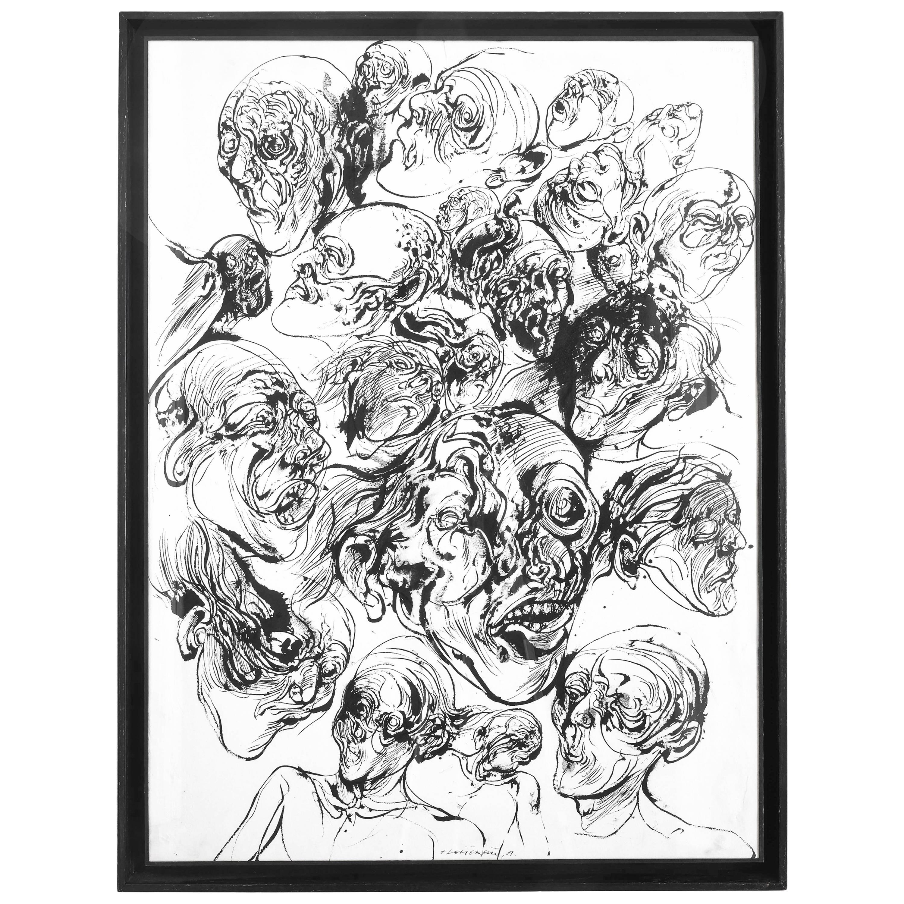 Vladimir Velickovic, Faces, Ink on Paper 2001 For Sale