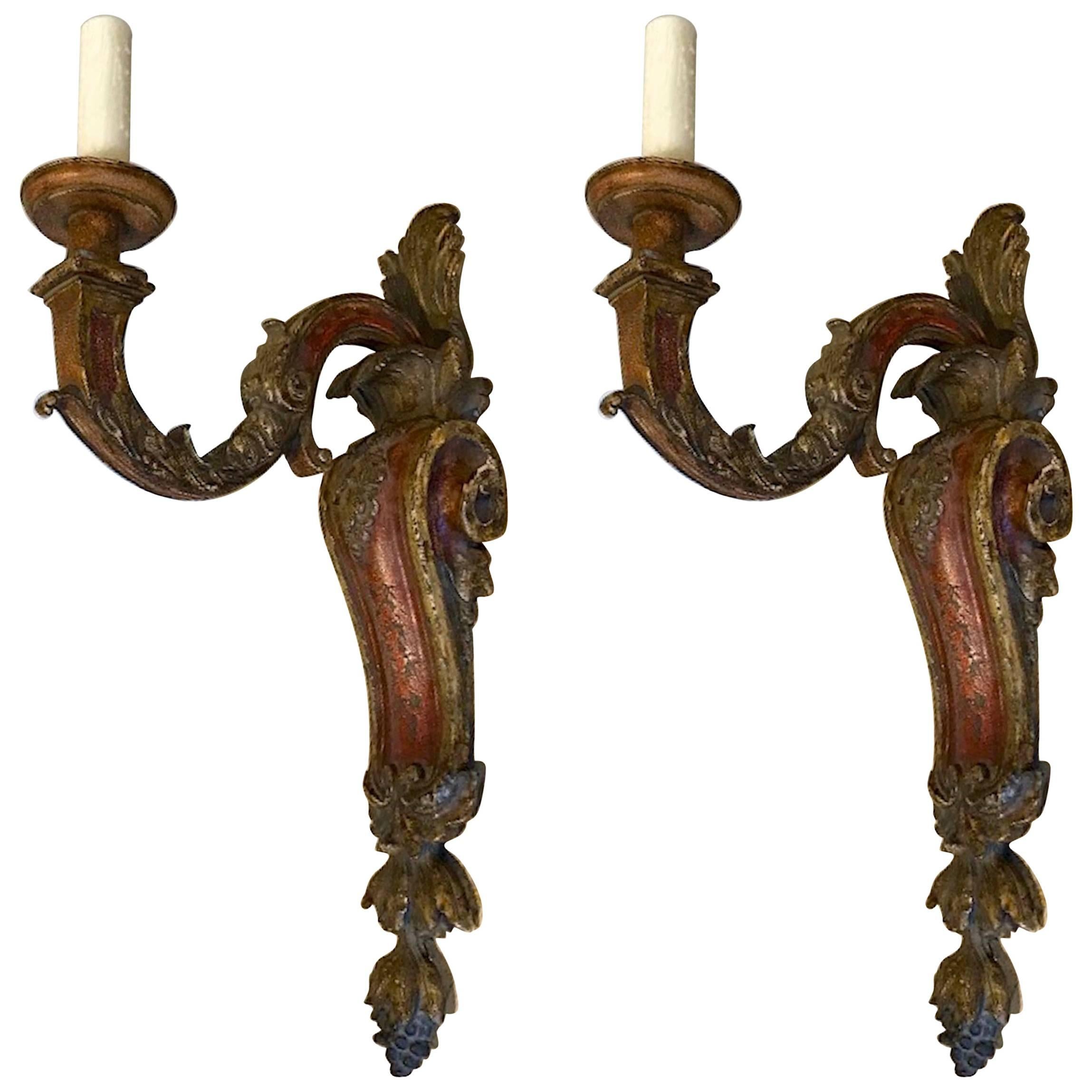 Large Pair of Italianate Carved and Polychromed Wood Single Arm Sconces