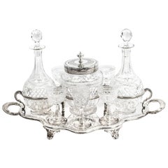 Silver Plated Tantalus Six Glasses, Two Decanters Roberts and Belk, 19th Century