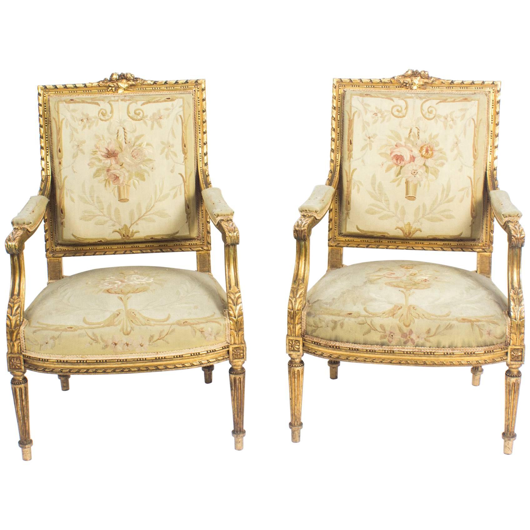 Antique Pair of Louis XVI Style Giltwood Armchairs, Late 19th Century