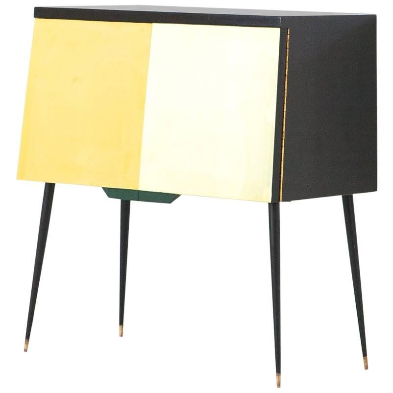 Italian Mid-Century Modern Black Lacquered Wood Brass and Iron Cabinet, 1950s