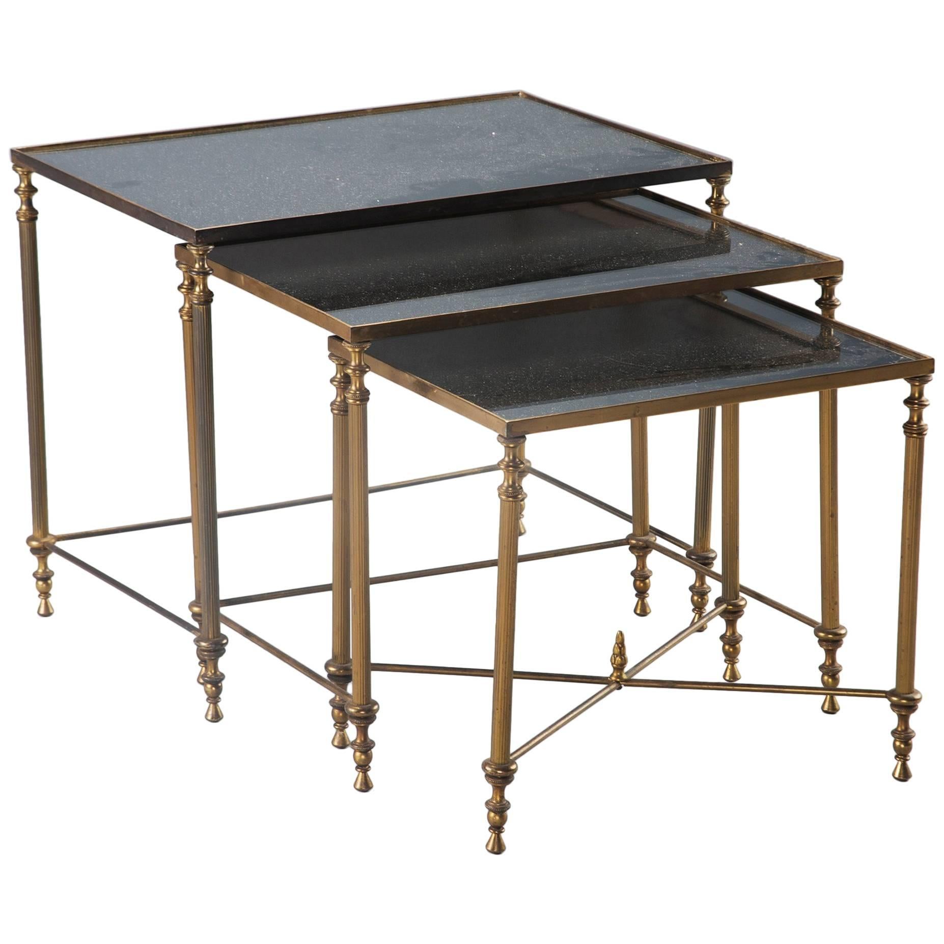 Trio of Brass and Black Mirrored Glass Nesting Tables