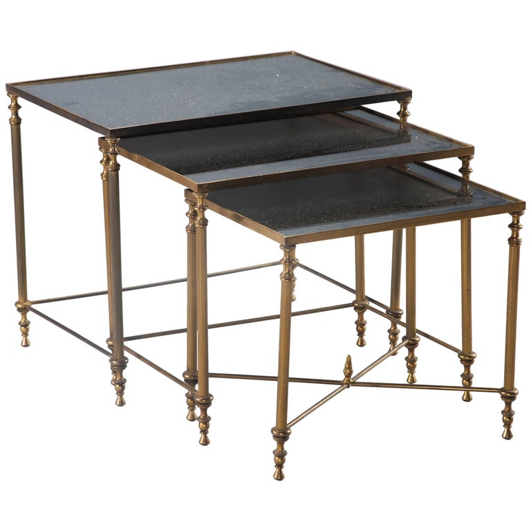 Trio of Brass and Black Mirrored Glass Nesting Tables For Sale at 1stdibs