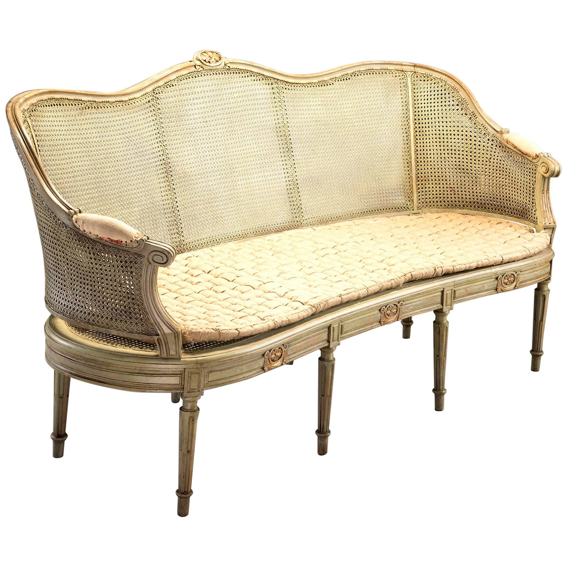 Painted Louis XVI Style Large Caned Settee with Original Cushion