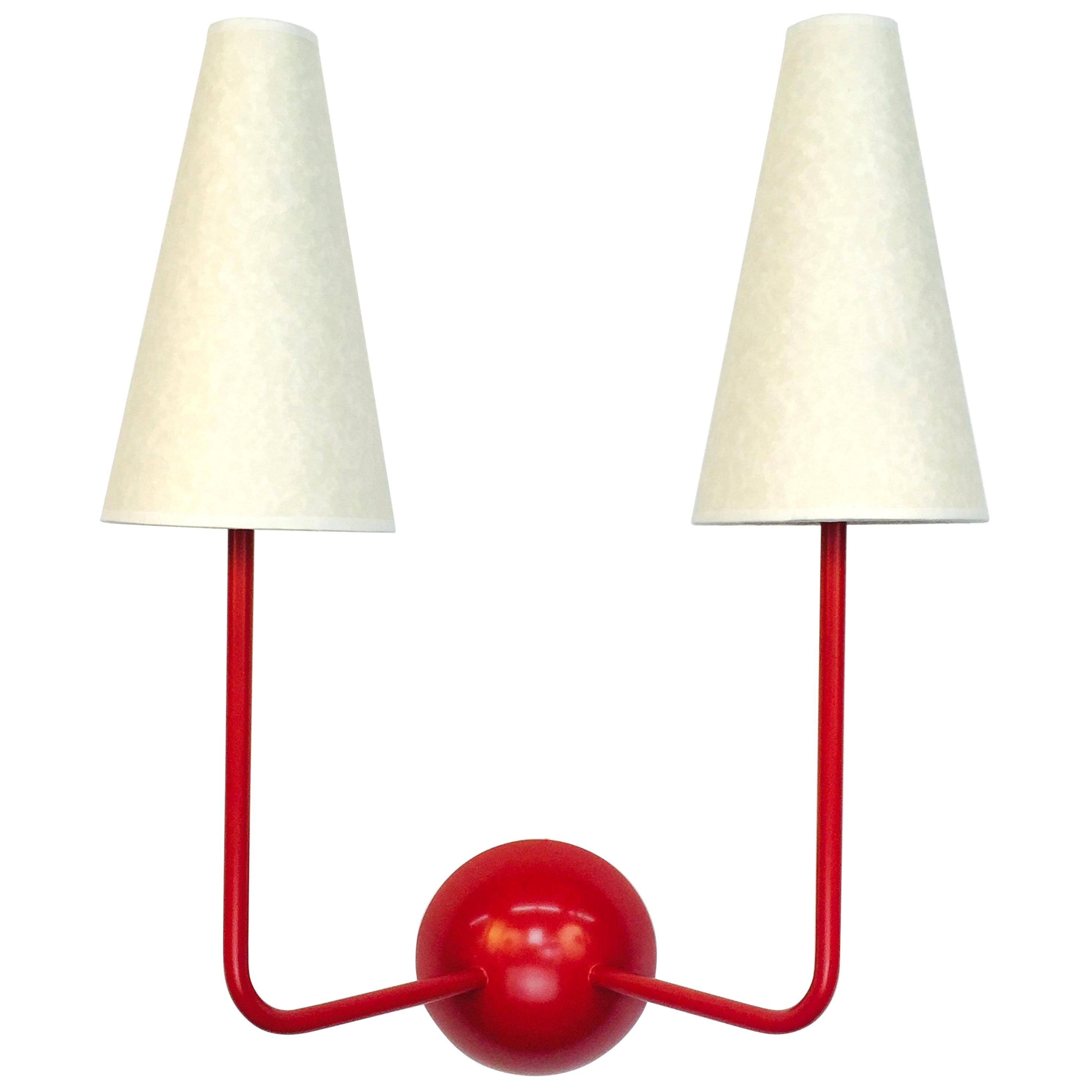 Two-Arm Red Wall Lamp in the Style of Jean Royère