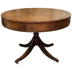 Retro English Mahogany Drum Table with Leather Inset