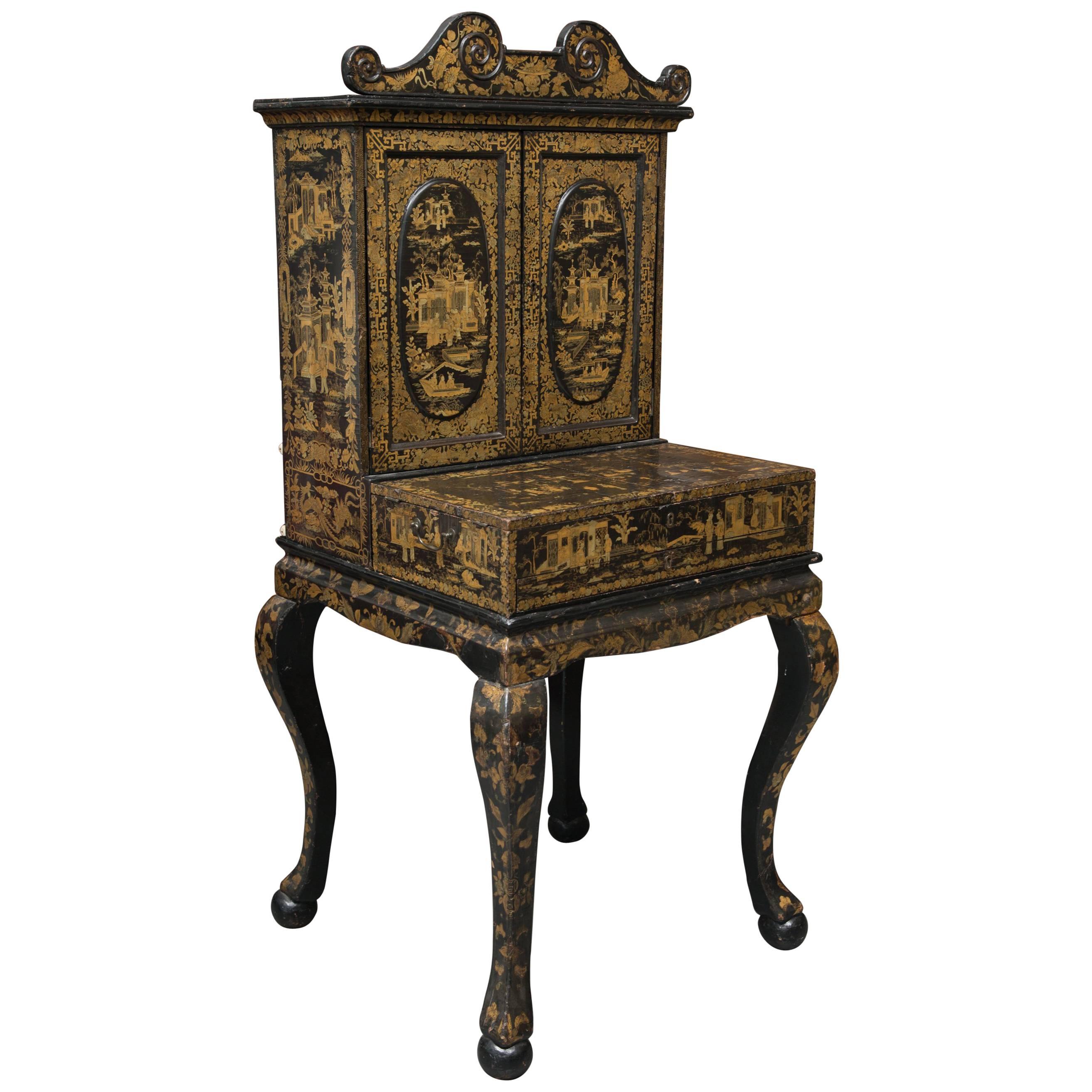 19th Century English Queen Anne Chinoiserie Chest on Stand For Sale