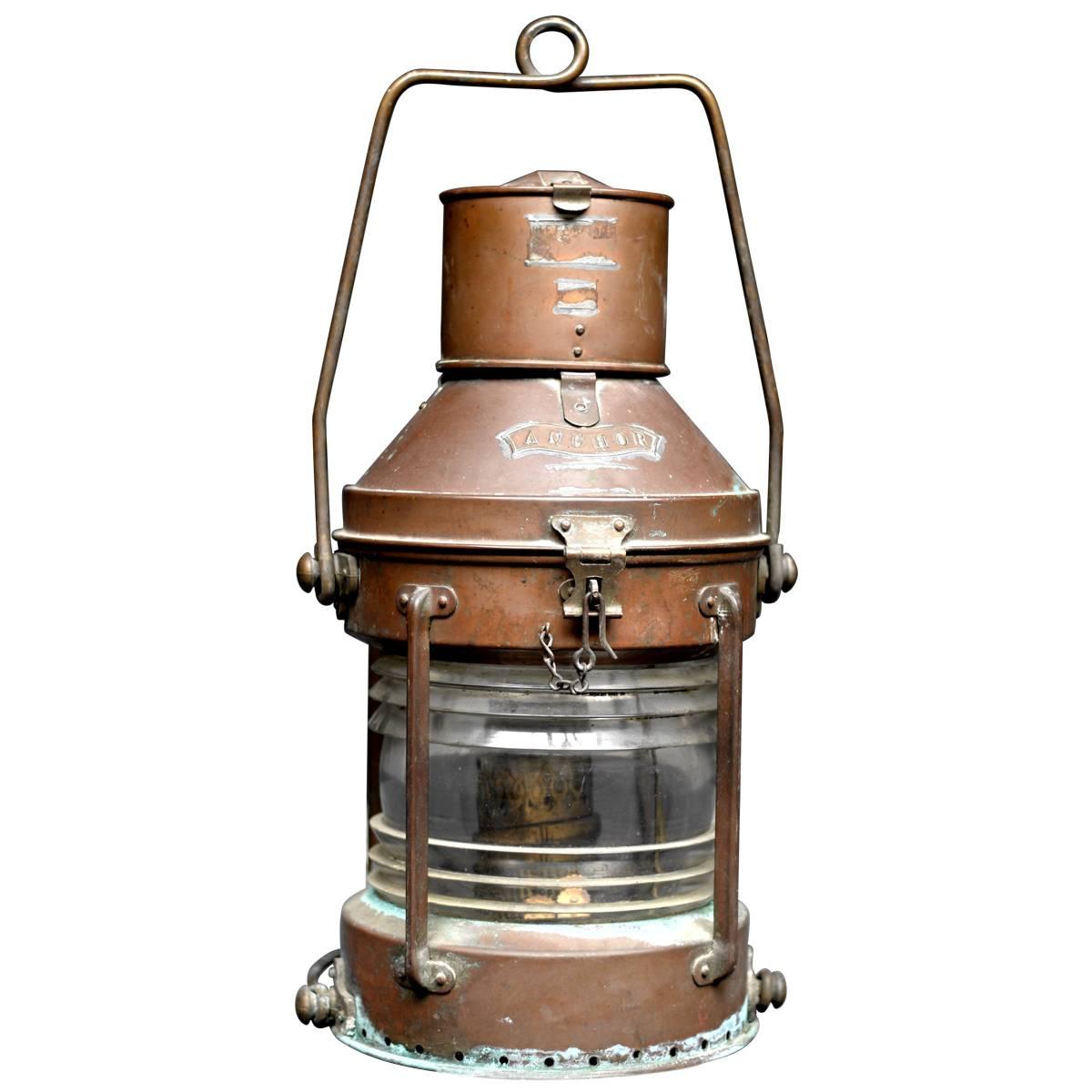 Salvaged Anchor Ship Lantern, circa 1900, Oil Burning Copper Lantern For Sale