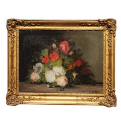 Antique 19th Century French Floral Painting Signed Philippe Rousseau in Giltwood Frame