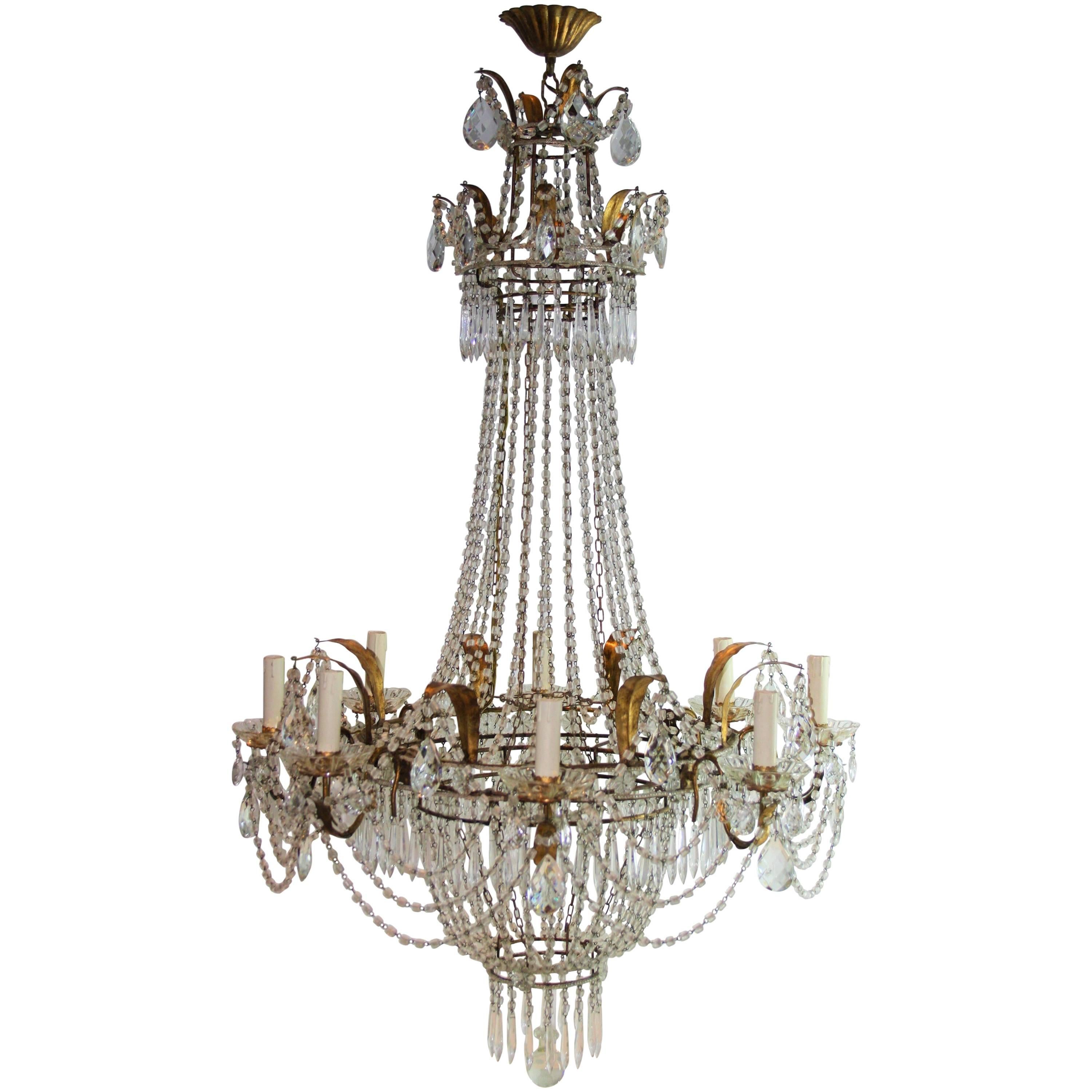 French Eight-Light Crystal Chandelier, 1930s