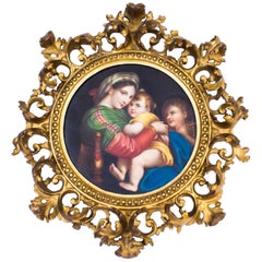 Antique 19th Century Porcelain Plaque "Madonna Della Sedia" Florentine Frame