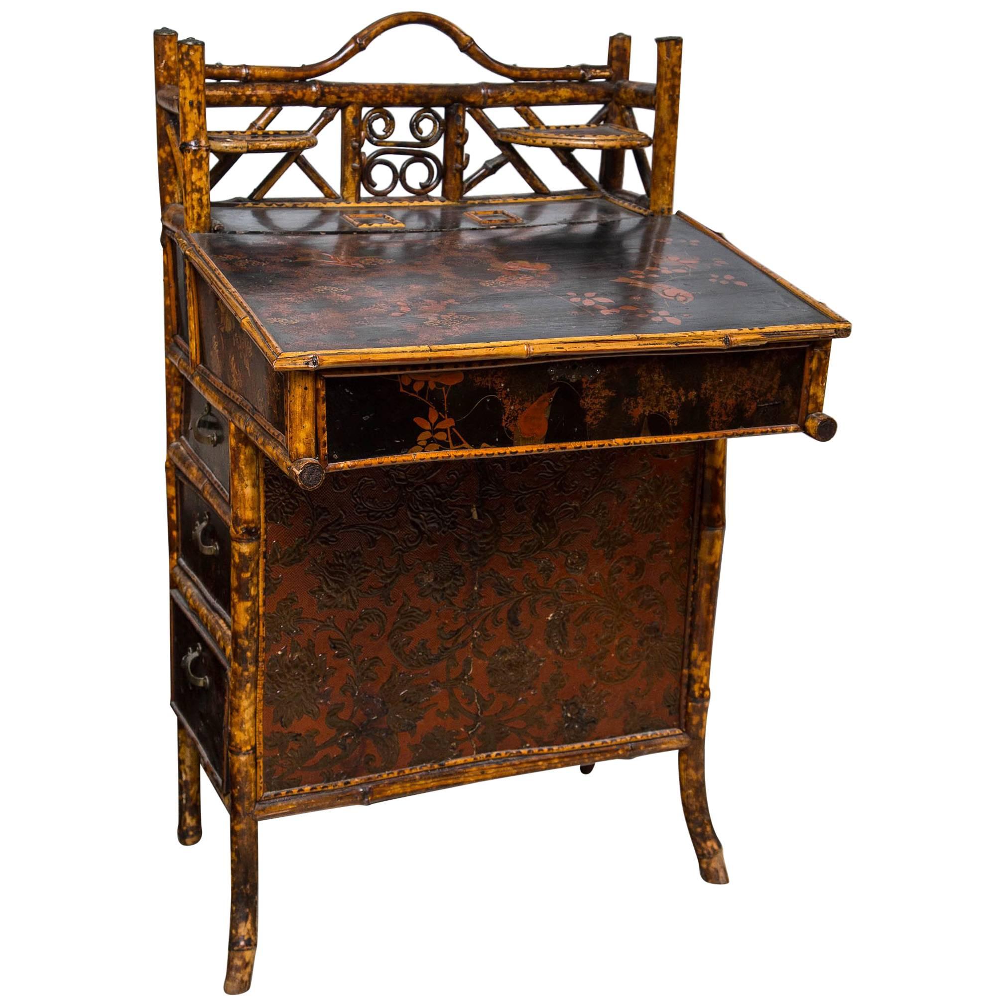  Bamboo and  Painted Lacquer Slant Top Desk For Sale