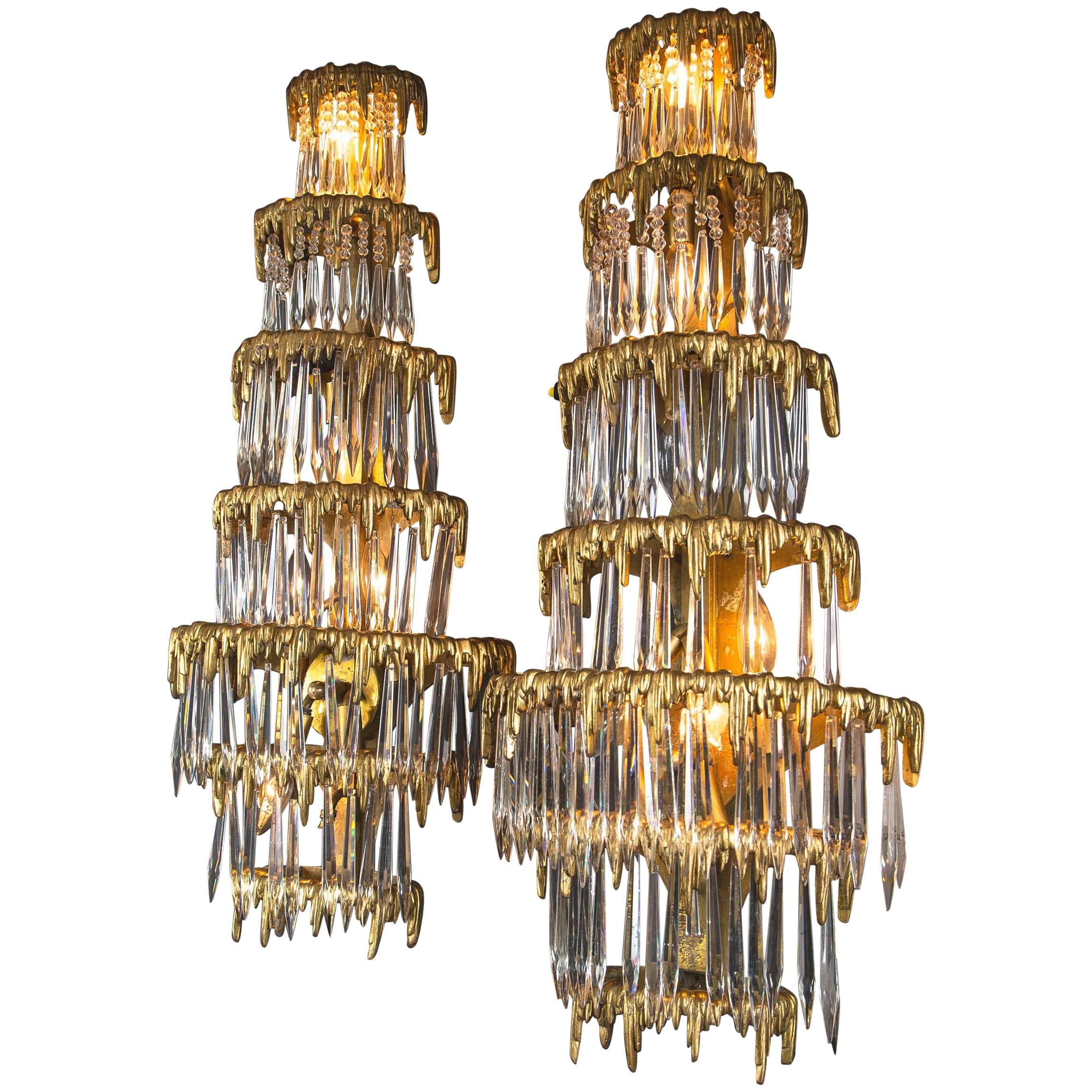 Pair of Large circa 1920 Caldwell Gilt Bronze Sconces with Crystal Hanging For Sale