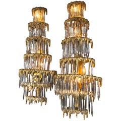 Pair of Large circa 1920 Caldwell Gilt Bronze Sconces with Crystal Hanging