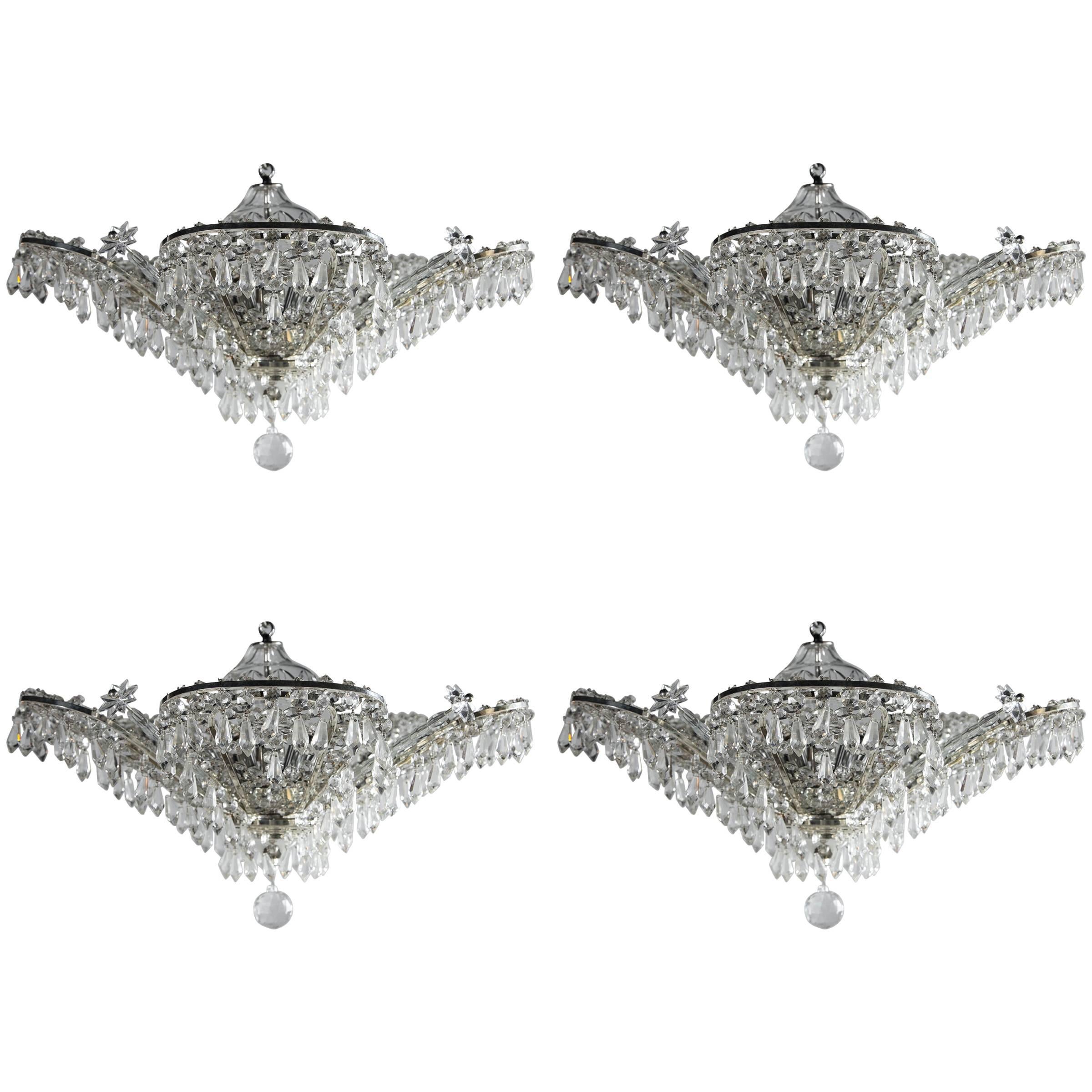 Set of Four circa 1930 French Silver Plated and Beaded Crystals Chandelier For Sale