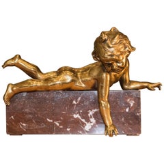 19th Century Marble Base Ormolu French Sculpture of a Boy Lying Down