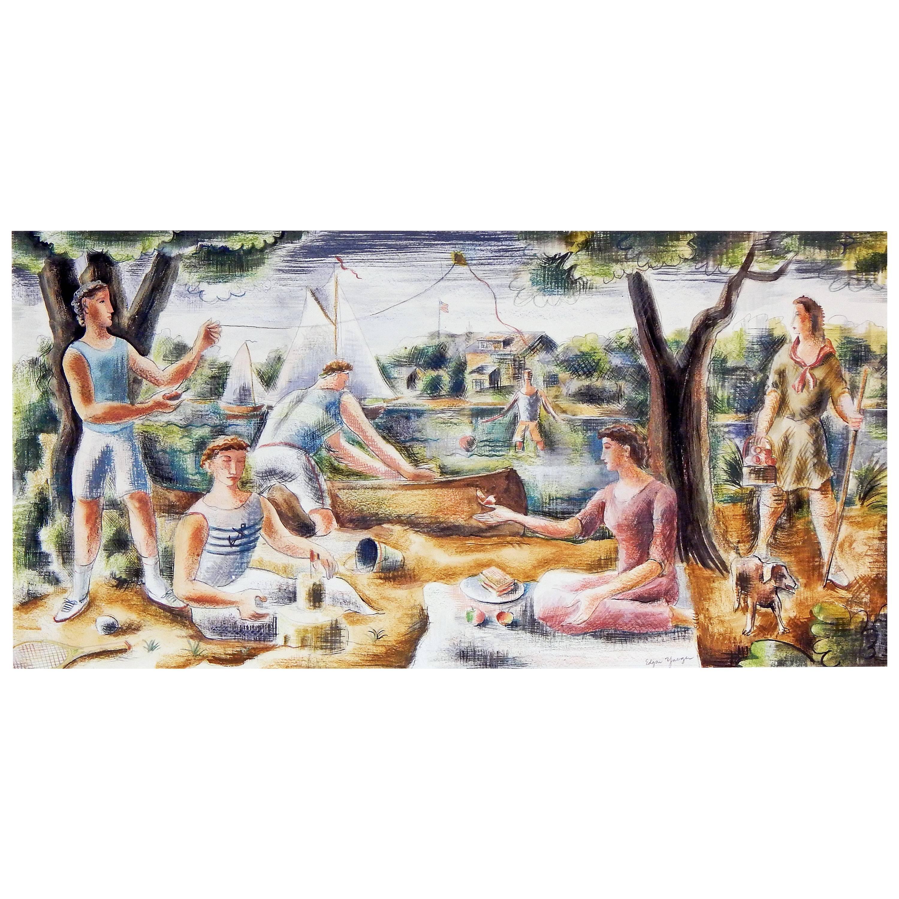 Picnic by the River, WPA-Era Mural Study with Sailboats and Kite, Detroit Artist