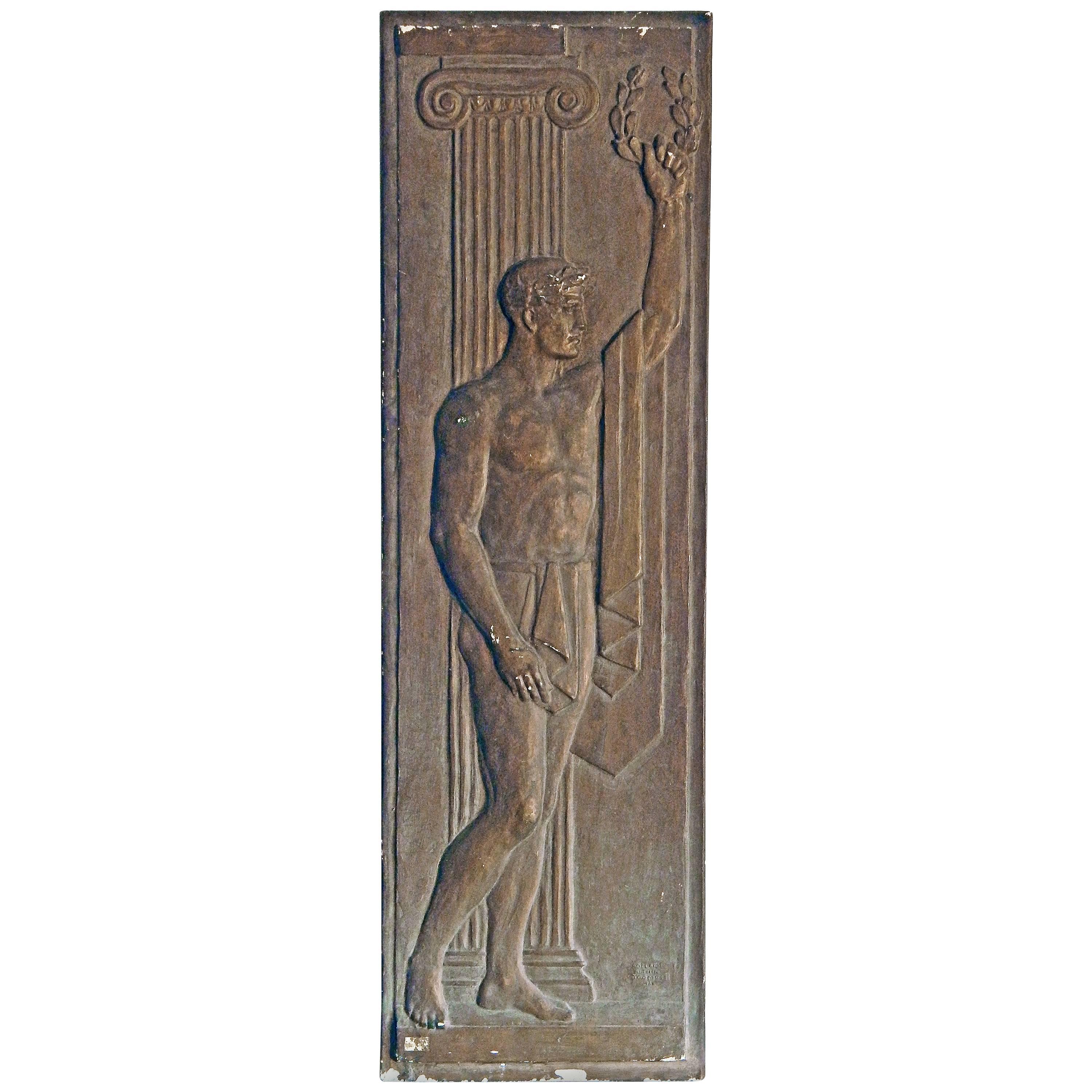 "Greek Athlete with Laurel Wreath, " Unique Sculptural Panel, Nude Male Figure