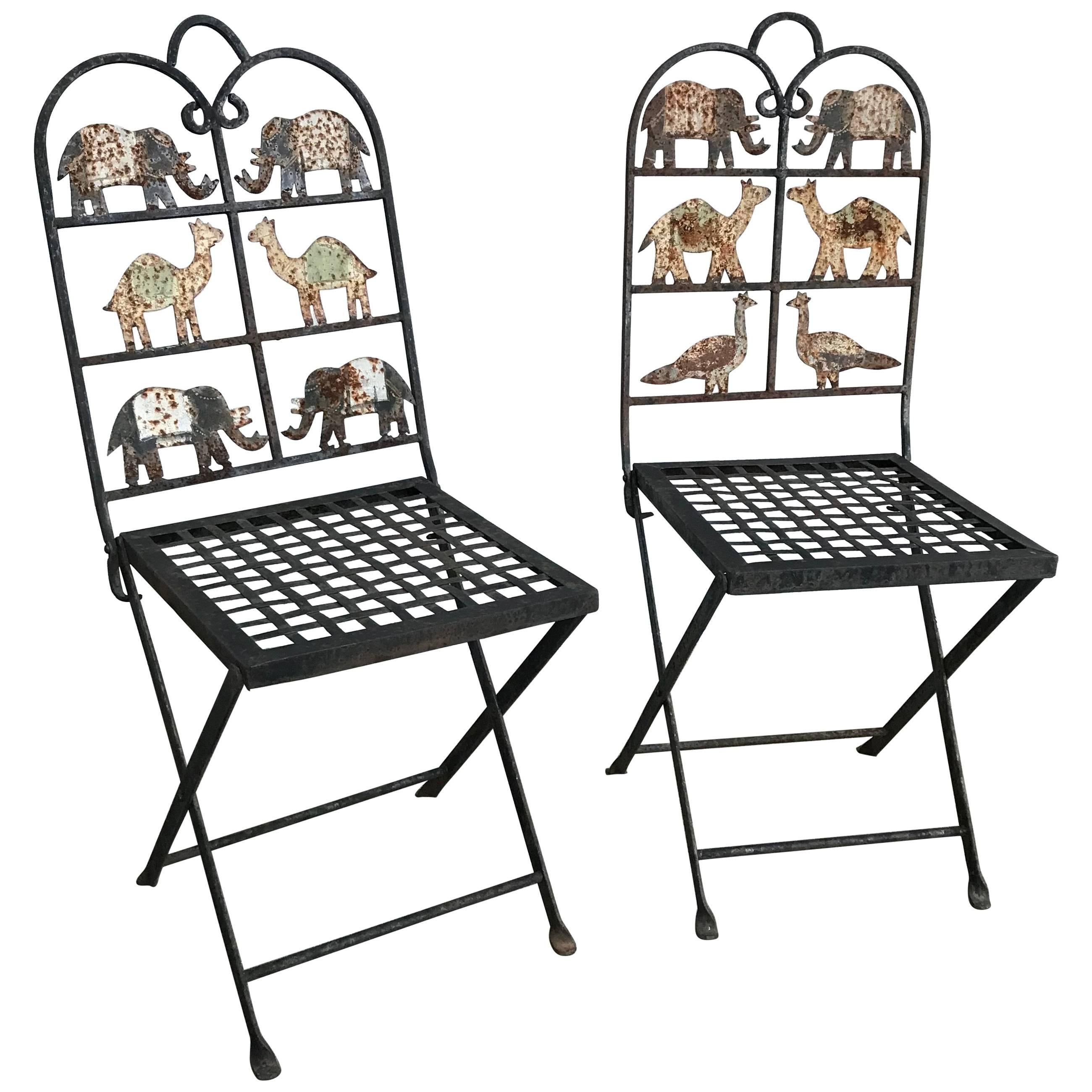 Pair of Wrought Iron Garden Chairs with Animals