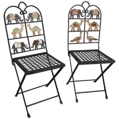 Antique Pair of Wrought Iron Garden Chairs with Animals