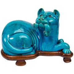 Vintage Chinese Turquoise Ceramic Cat with Custom Wood Stand