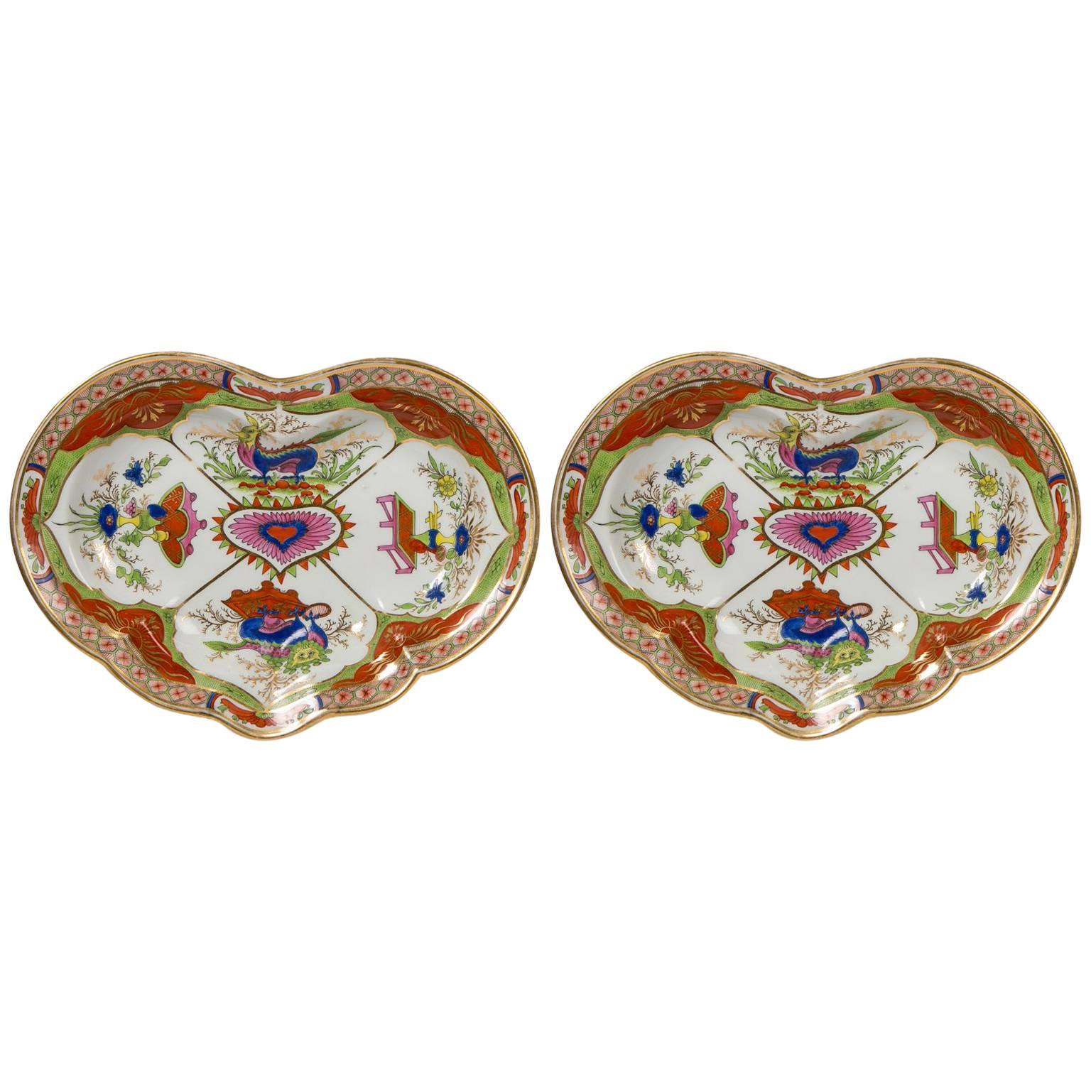 Worcester Porcelain Dragon in Compartments Heart Shaped Dishes, Pair