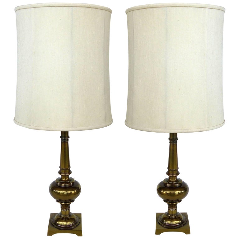 Pair of Stiffel Brass Table Lamps with Original Stiffel Shades For Sale