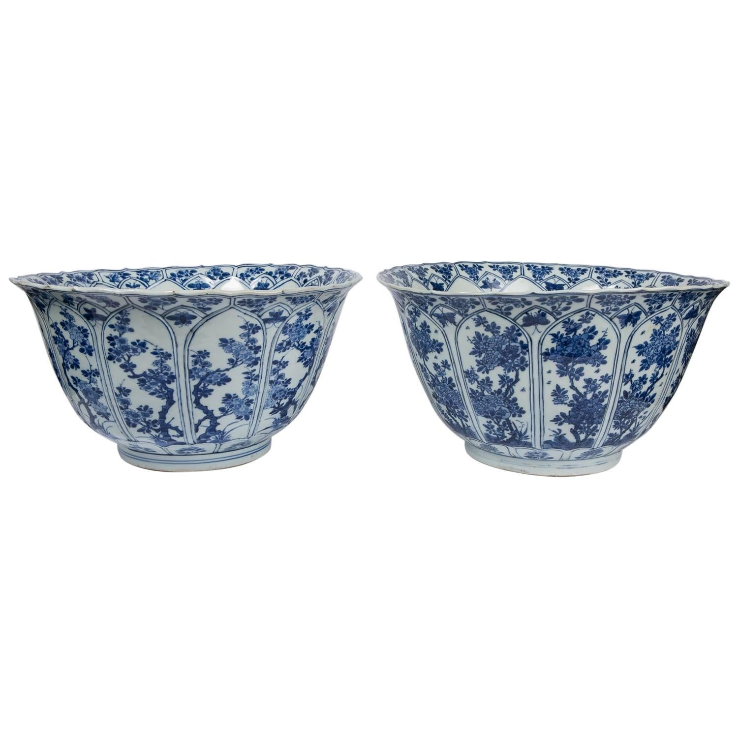 Pair of Antique Chinese Kangxi Blue and White Bowls