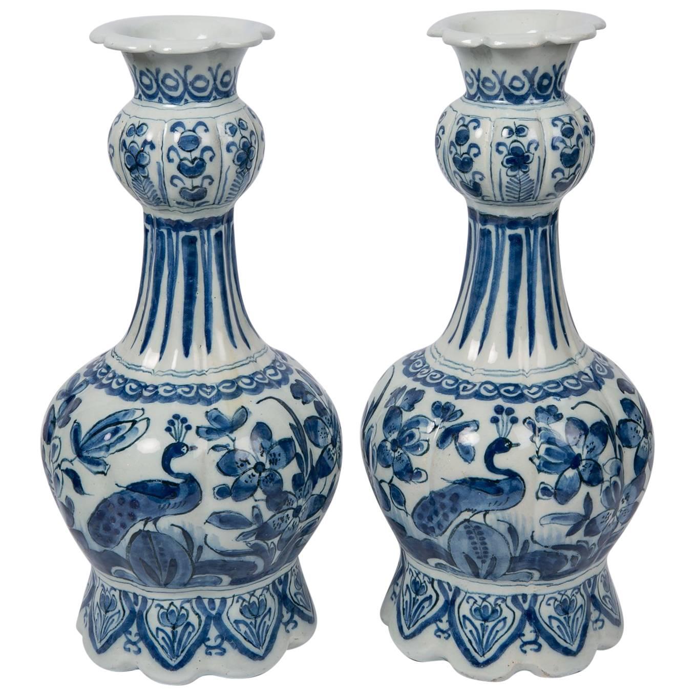 Pair Blue and White Dutch Delft Vases Showing Peacocks