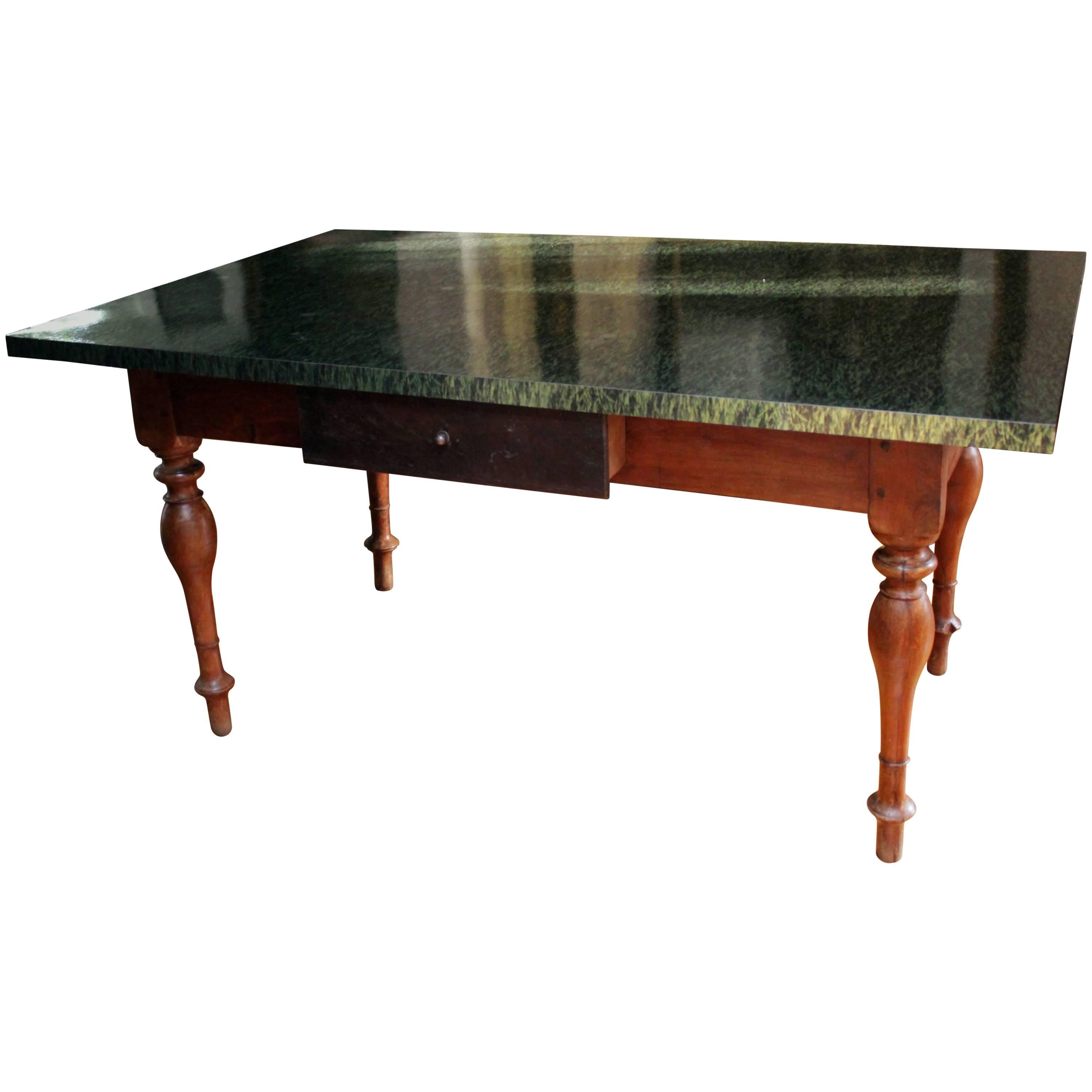19th Century Red Cedar Wood Table, with Printed Grass and Silver Handle