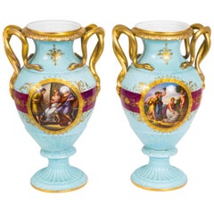 19th Century Pair of Vienna Porcelain Bleu Celeste Twin Handled Vases