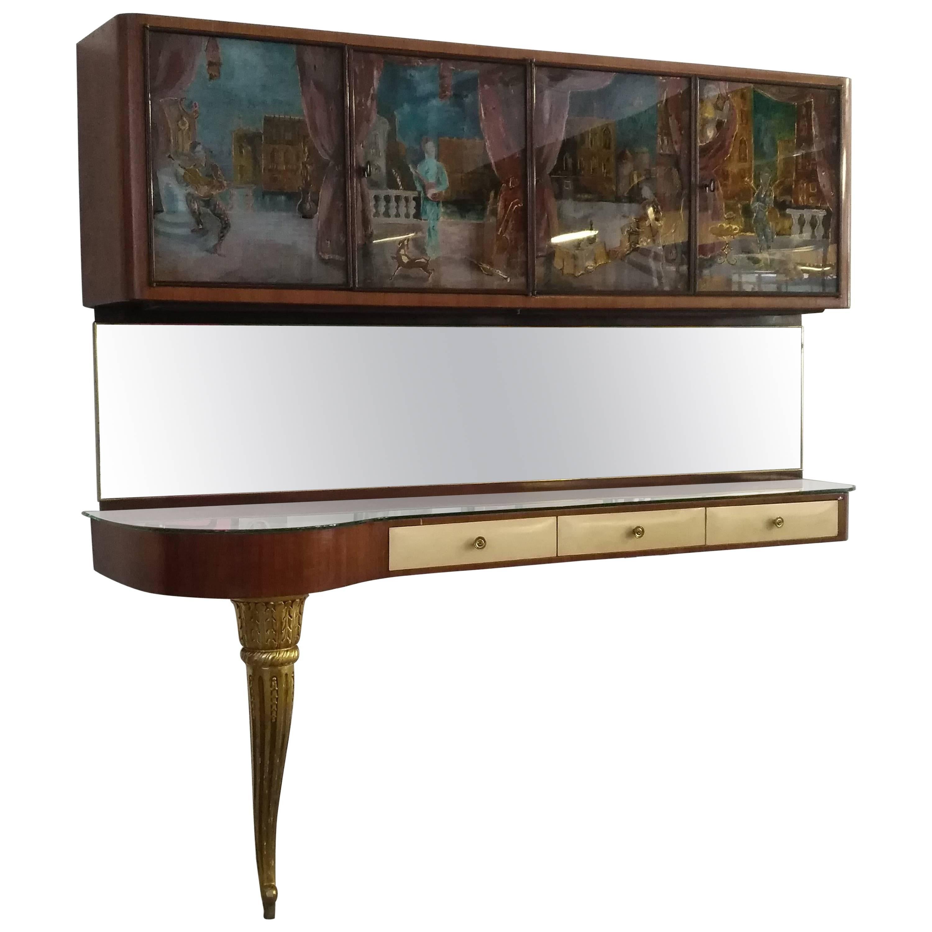 Painted Glass Mahogany Wood and Parchment Italian Console, 1950 For Sale