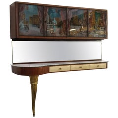 Painted Glass Mahogany Wood and Parchment Italian Console, 1950