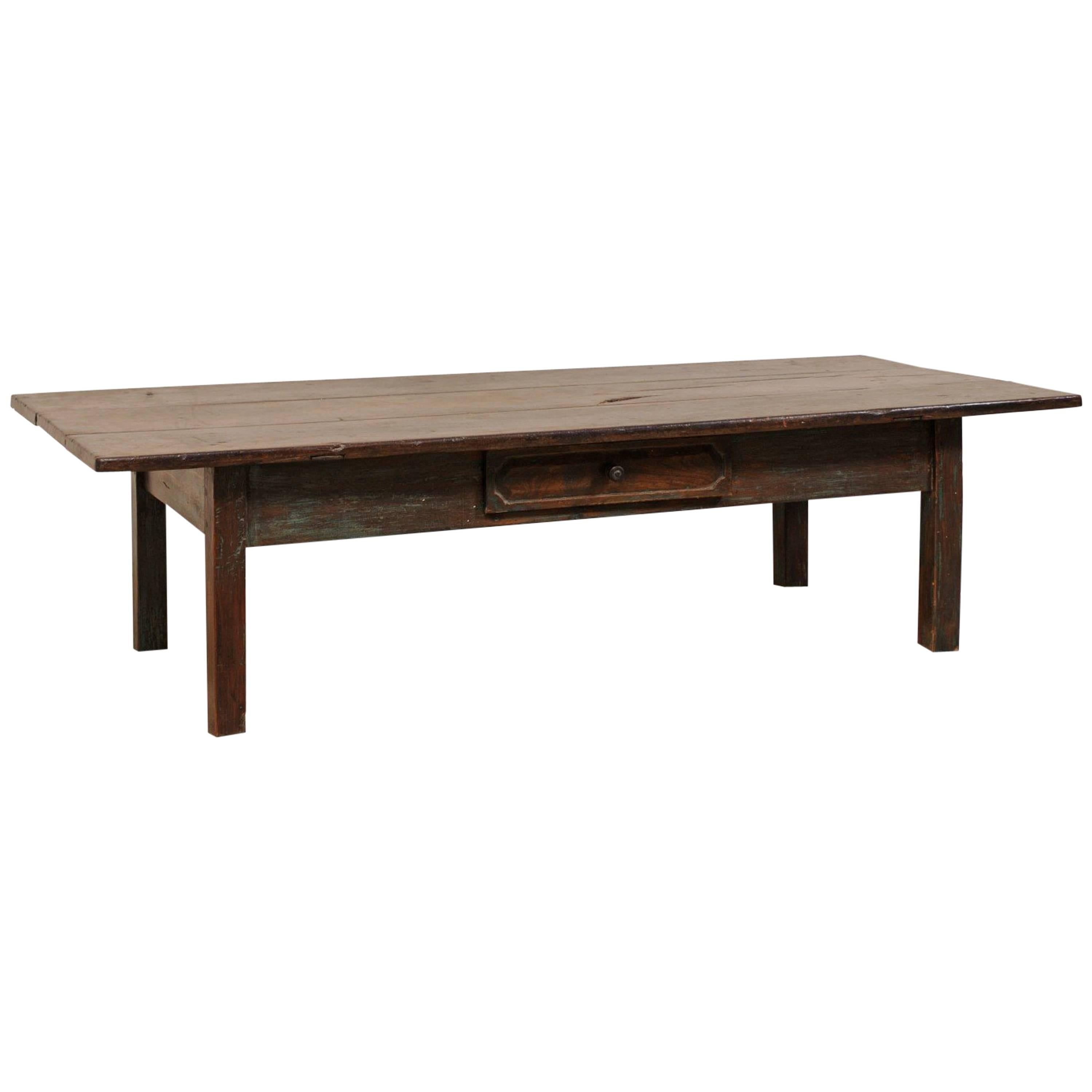 19th Century Brazilian Rustic Carved Peroba Wood Coffee Table with Single Drawer