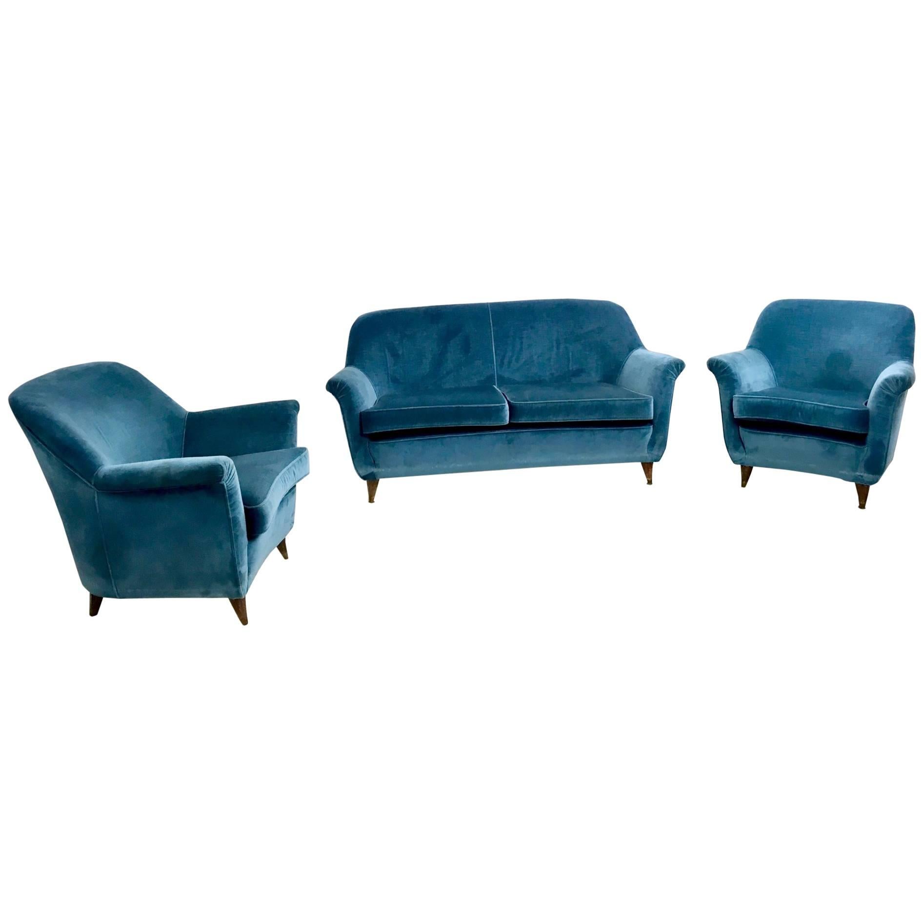 Mid Blue Velvet Living Room Set, Italy, 1950s