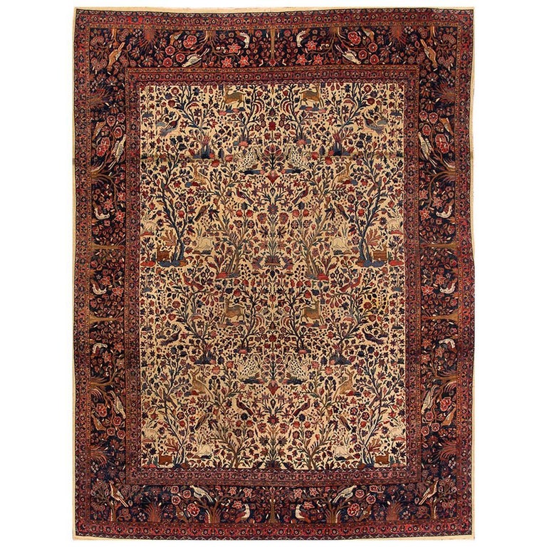 Early 20th Century Cream/Blue Pictorial Persian Kashan Carpet For Sale