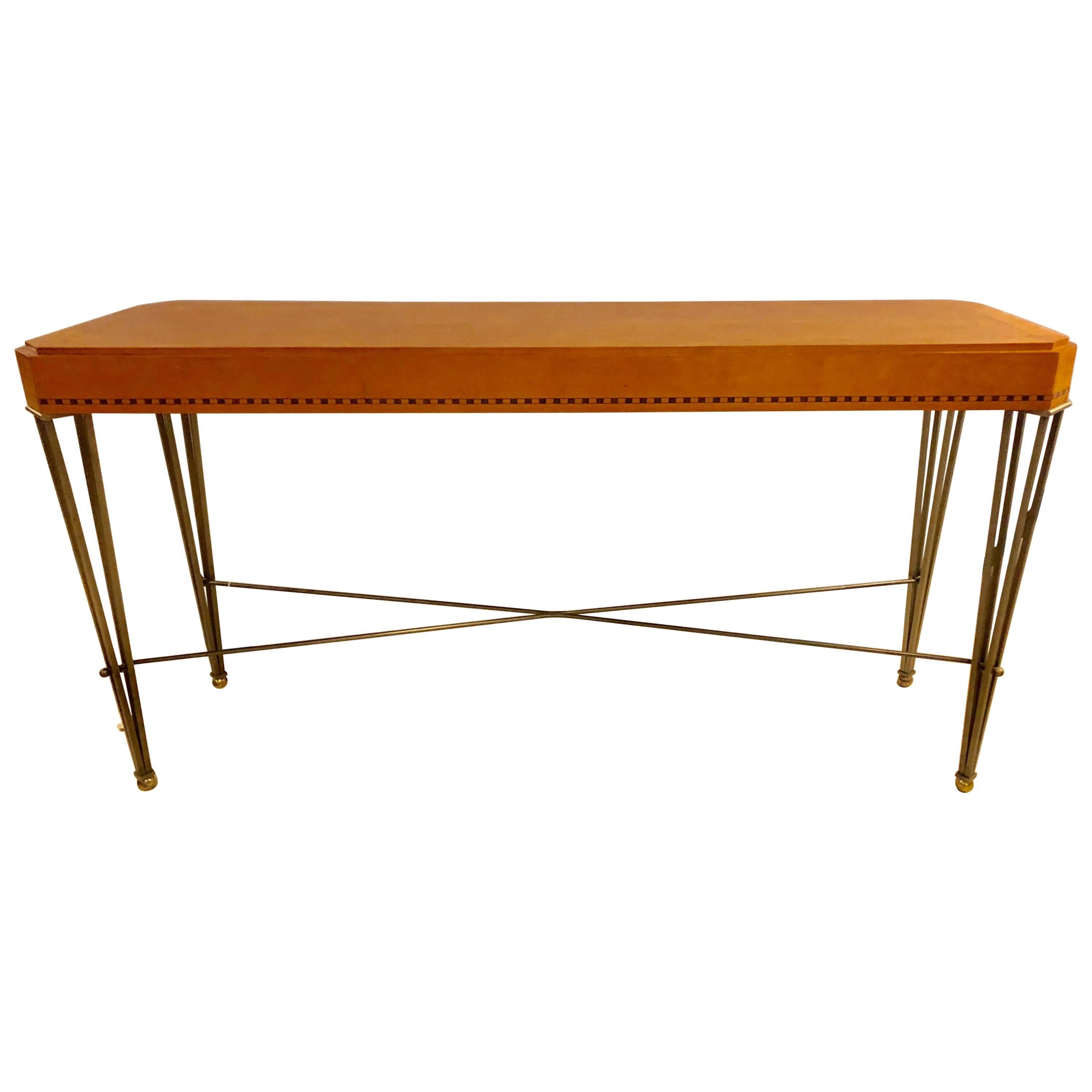 American Hollywood Regency Maple Console or Sofa Table with Wrought Iron Base