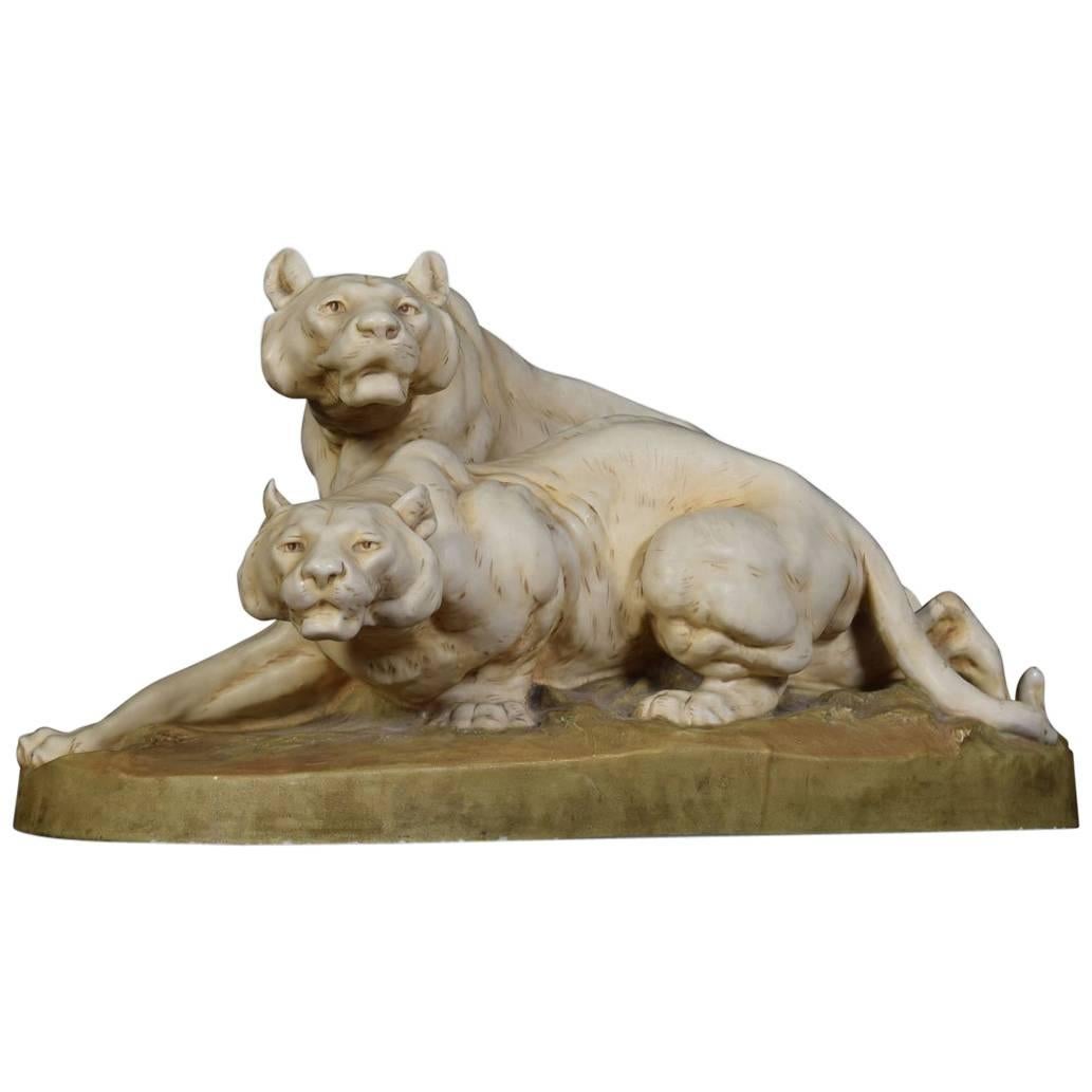 Large Royal Dux Figure of Two Lionesses