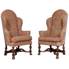 Antique Pair of Walnut Framed Carolean Style Wing Armchairs