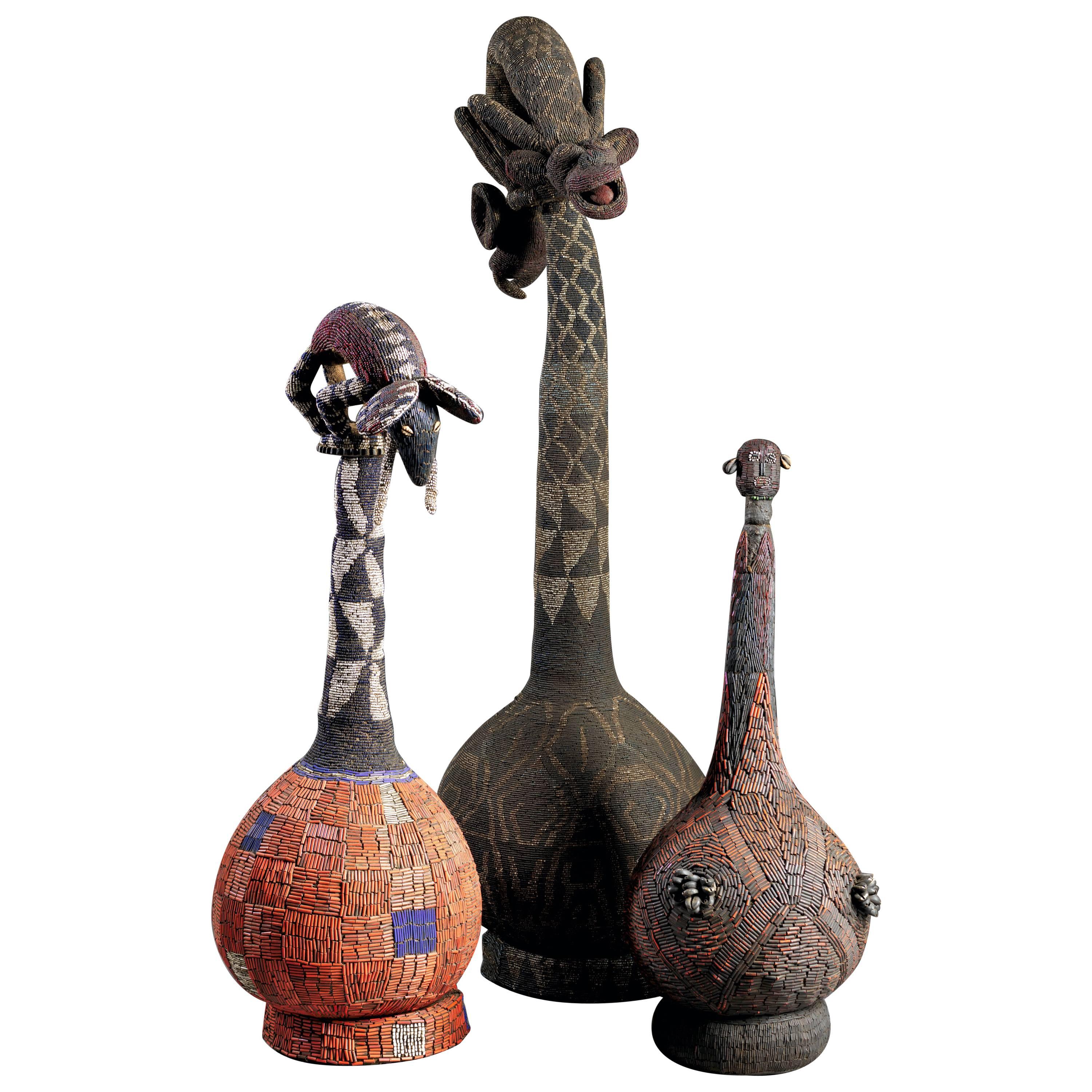 Three Decorative Beaded Palm Wine Vessels, Cameroon Grasslands
