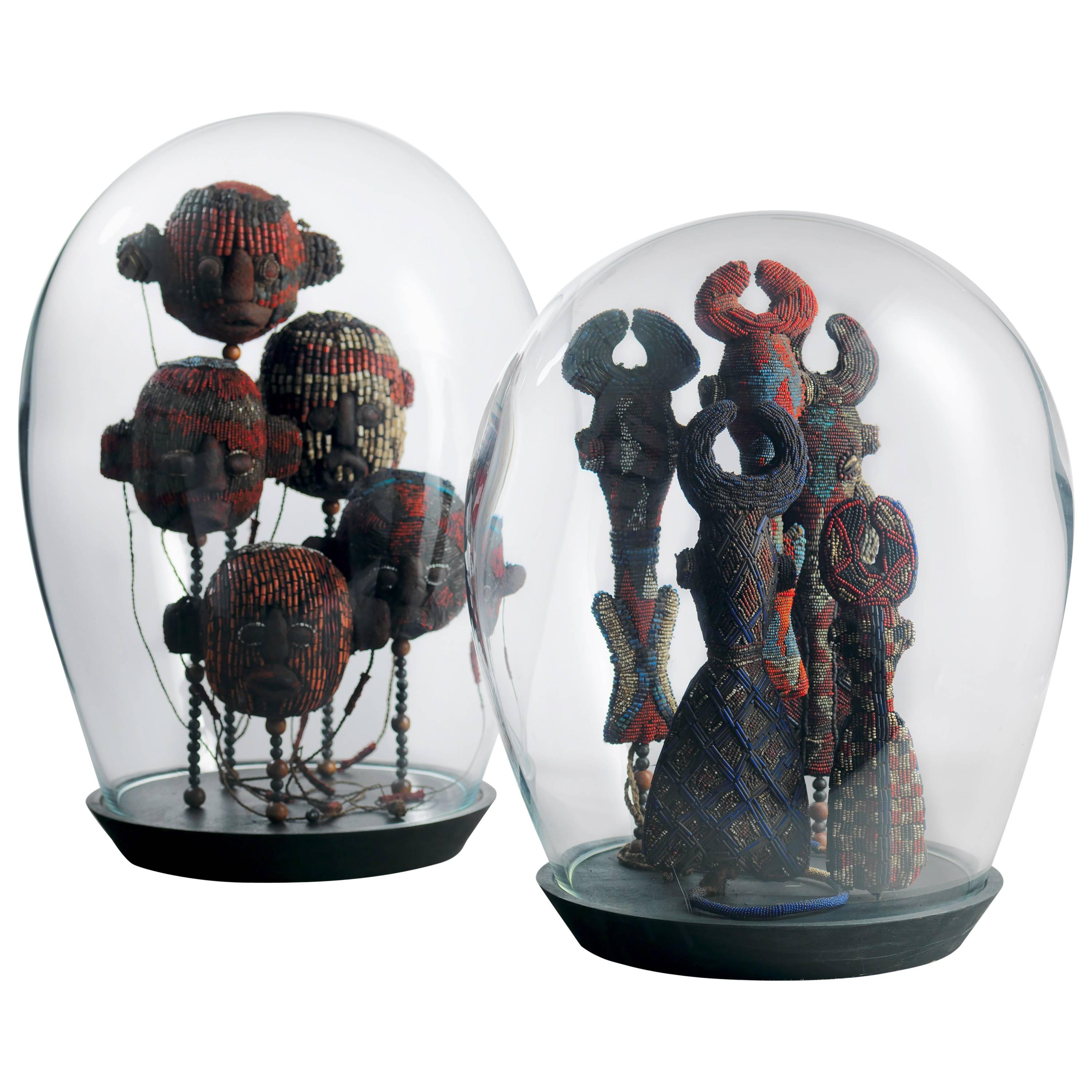 Two Handblown Glass Domes with Fine Beaded Regalia, Cameroon Grasslands