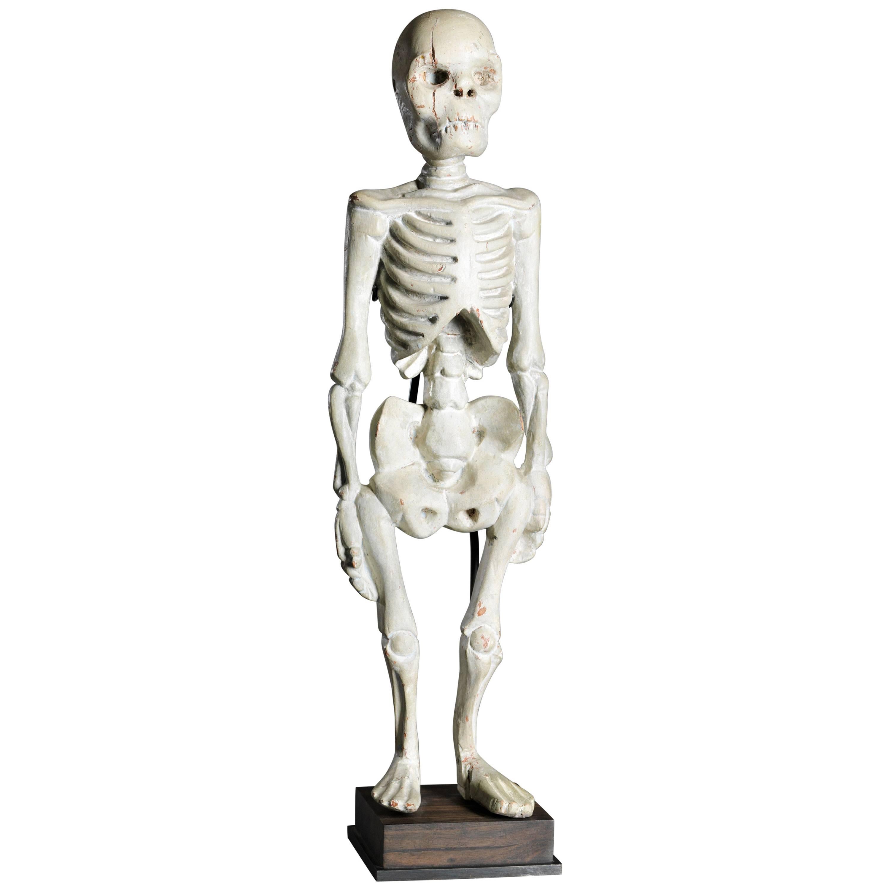 Wooden Asian Memento Mori Skeleton Sculpture in Standing Position