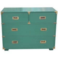 Modern Green Lacquered Henredon Four-Drawer Chest of Drawers with Brass Hardware