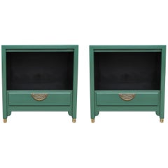 Pair of Modern Green Lacquered Century Furniture Nightstands with Brass Hardware