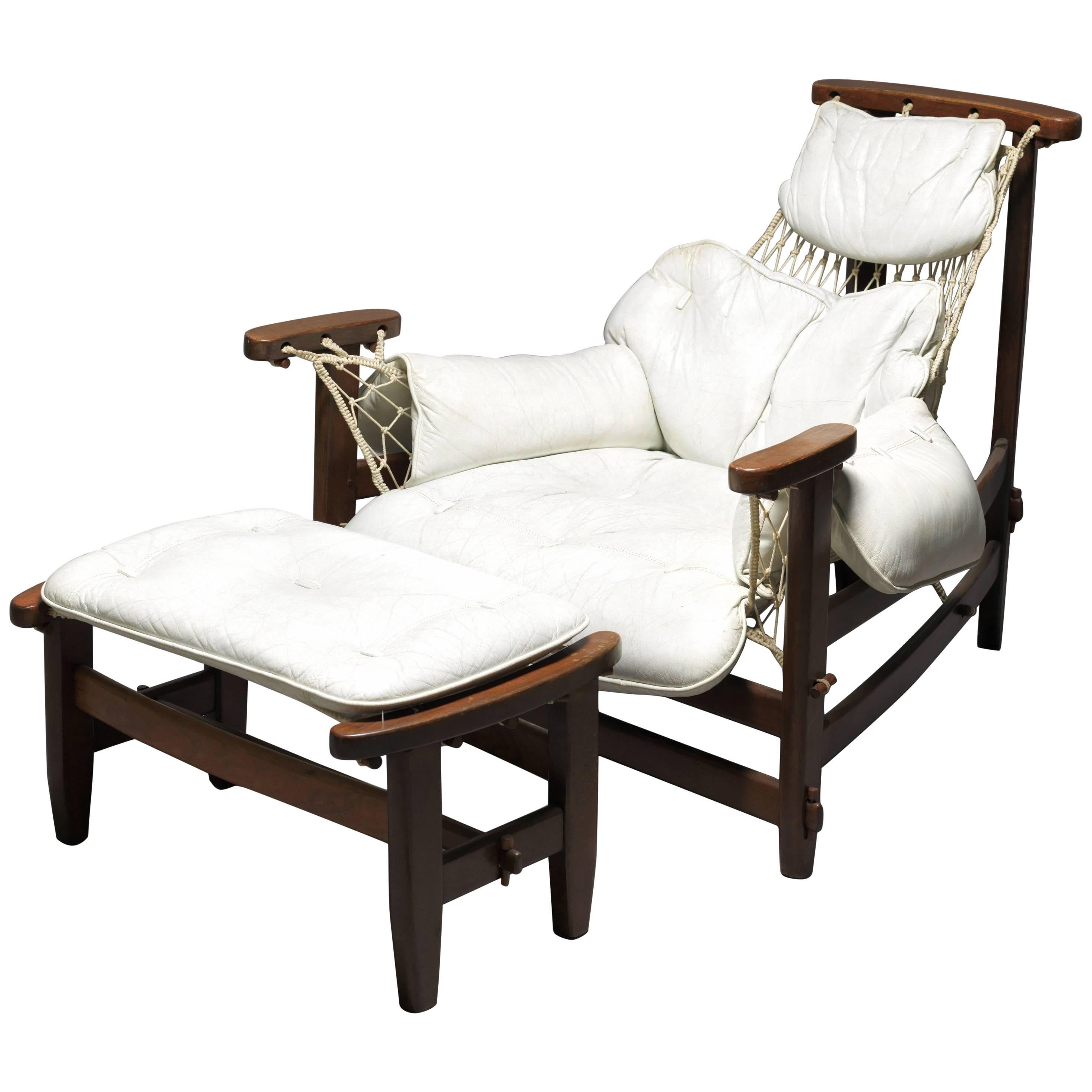 Vintage Brazilian White Armchair and Ottoman, Jangada, 1968, Jean Gillon